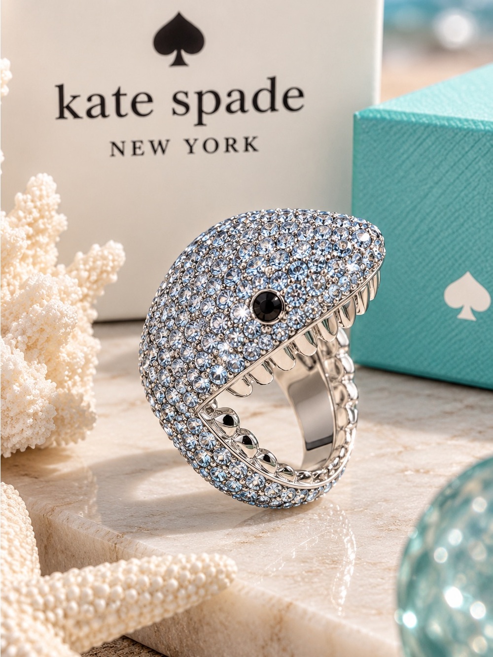 Kate Spade Pavé Shark Statement Ring Silver Tone Size 8